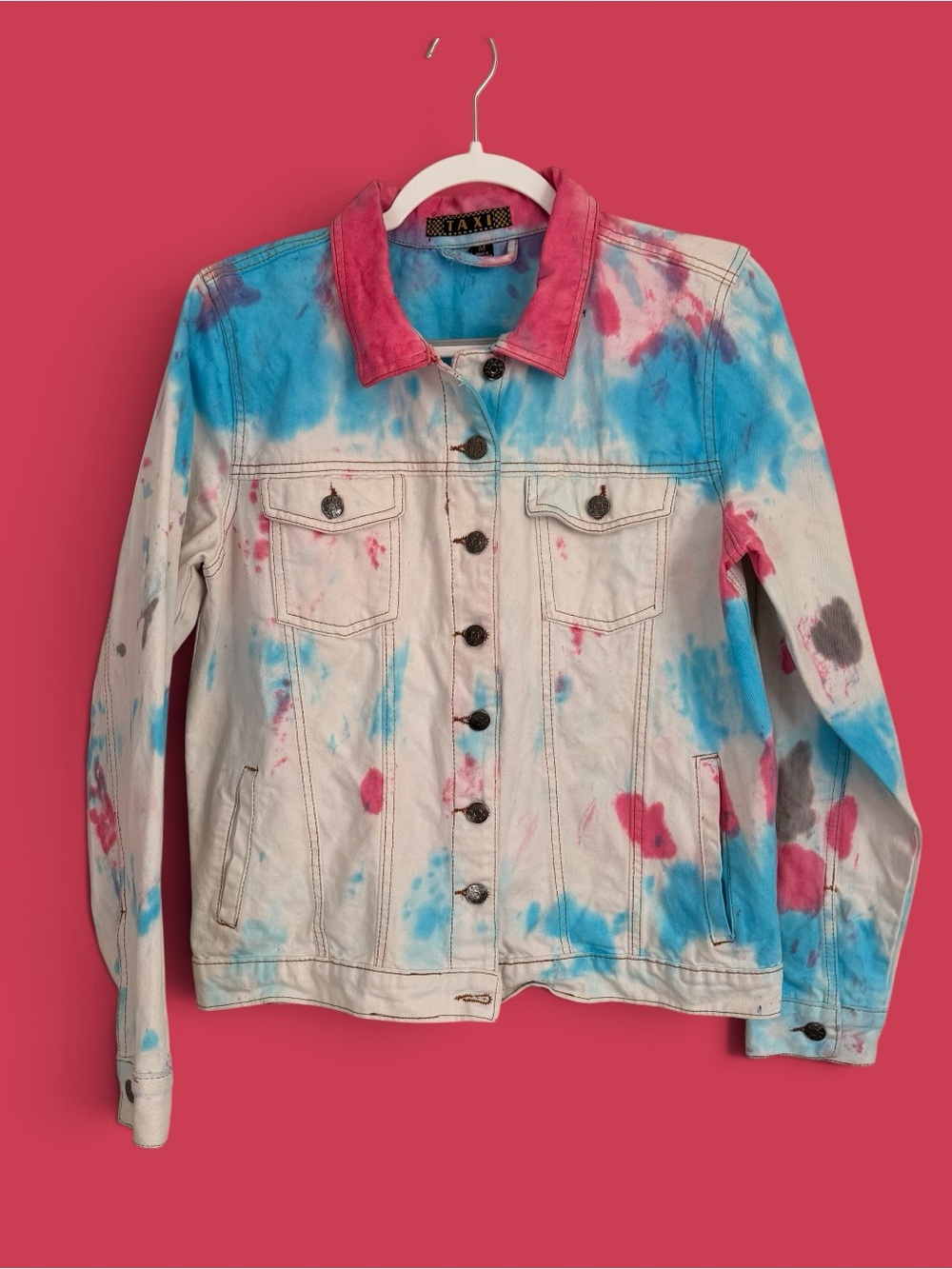 TAXI Pink Blue Tie Dye Denim Jean Jacket Size Medium